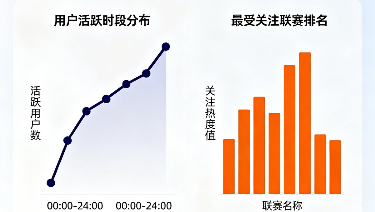 体球网2024年度数据报告可视化图表：用户活跃时段分布和最受关注联赛排名