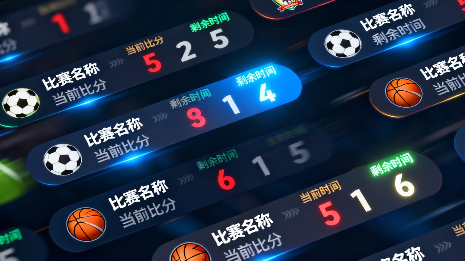 体球网闪电比分界面展示：多场足球篮球比赛比分卡片以秒级速度实时滚动更新，进球得分高亮闪烁提醒